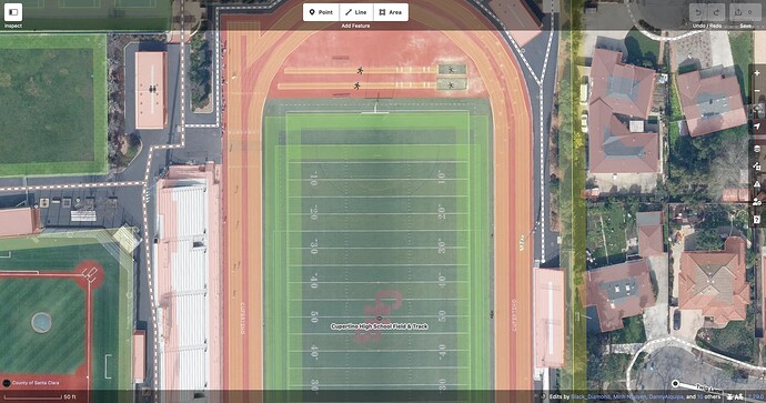 The Cupertino High School Field has overlapping pitches marked out for field hockey, soccer, and American football, all with different shapes.