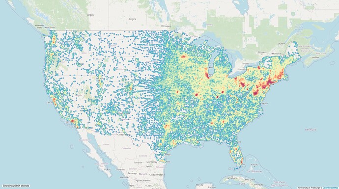 A heatmap showing the distribution of 25,864 place=city, place=town, and place=village points in the United States, overlaid on a map of OSM Carto, showing only the contiguous U.S. Place points are densest along the Bos–Wash corridor and in the vicinity of Pittsburgh, Chicago, St. Louis, and Los Angeles. Moderate density extends from the East Coast to a line stretching roughly from Dallas to Minneapolis. West of this line, the density drops off dramatically, except for a series of corridors that radiates outward from Kansas City. Courtesy of QLever Petrimaps, by the University of Freiburg.
