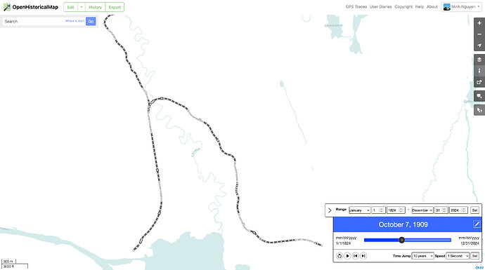 A screenshot of OpenHistoricalMap’s Railway layer showing the Drammen and Lier lines on October 7, 1909.