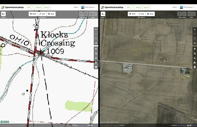 A split-screen view showing a long-gone mainline track on the Baltimore and Ohio Railroad. On the left, the tracks are clearly depicted and labeled at a junction called Klocks Crossing on an old USGS topographic map. On the right, all that’s left of the tracks is some discoloration in a field and a hedge between two fields that look different due to crop rotation.