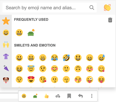 An emoji palette with multiple sections including Frequently Used and Smileys and Emotion, plus a search bar.