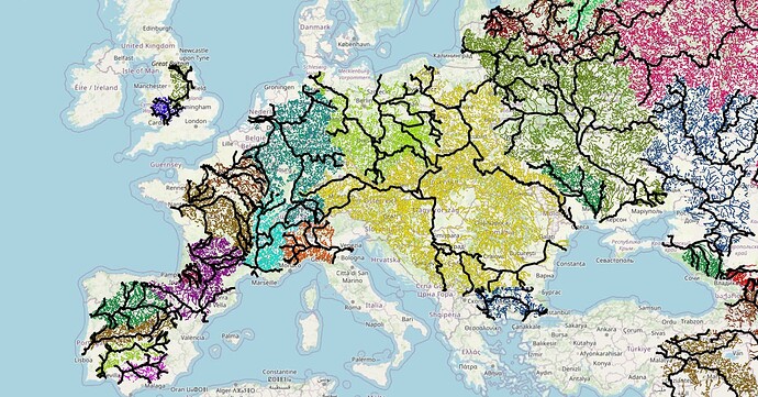 map of europe with big waterbasins and frames highlighted