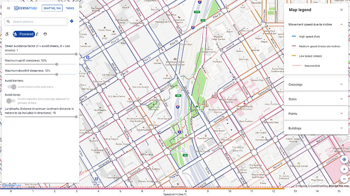 Seattle’s Freeway Park and vicinity by mobility scooter. Walkways are highlighted and color-coded by incline. Sidewalks are highlighted with a wider line than other walkways.
