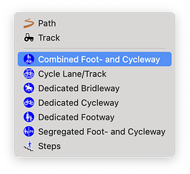 A menu in JOSM uses Vienna Convention signs as the icons for the Combined Foot- and Cycleway, Cycle Lane/Track, Dedicated Bridleway, Dedicated Cycleway, Dedicated Footway, and Segregated Foot- and Cycleway presets.