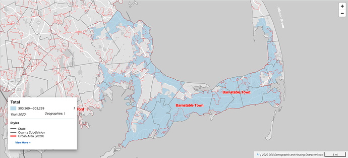 A map of Cape Cod with the Barnstable Town urban area highlighted in blue.
