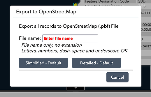 A dialog box titled Export to OpenStreetMap, captioned Export all records to OpenStreetMap (.pbf) File. (Public domain as a work of the U.S. federal government.)