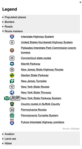 Interstate Highway System, United States Numbered Highway System, Palisades Interstate Park Commission scenic byways, Connecticut state routes, Merritt Parkway, New Jersey State Highway Routes, Garden State Parkway, New Jersey Turnpike, New York State Routes, New York State Routes, New York State Thruway, New York State Parkway System, county routes in Suffolk County, Pennsylvania Routes, Pennsylvania Turnpike System, future Interstate Highway corridors.