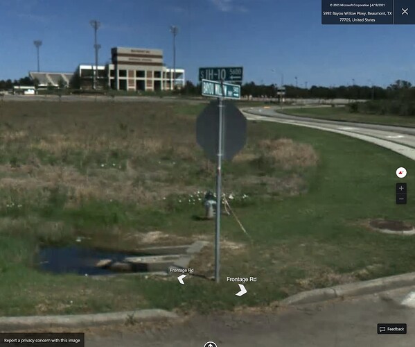 Screenshot of Bing Streetside showing a blade sign naming a frontage road as "S IH-10"