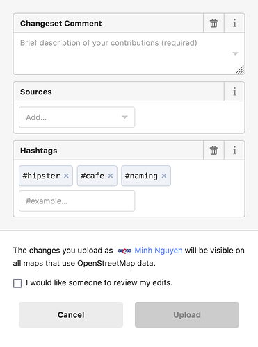Changeset Comment: empty. Hashtags: #hipster #cafe #naming. Upload button: disabled.