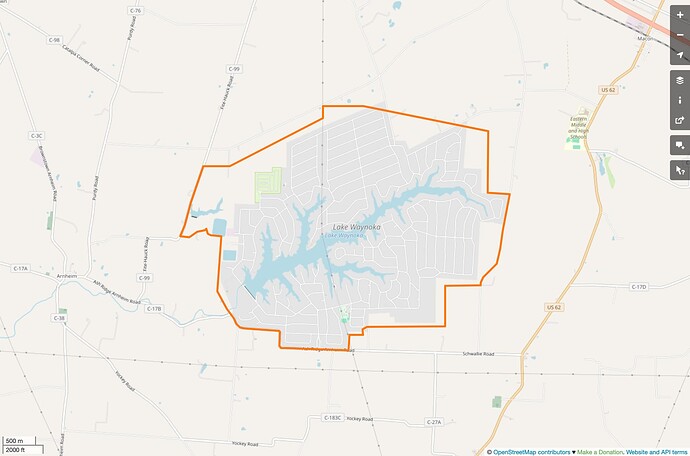 Three different Lake Waynokas: the CDP, highlighted in orange, loosely circumscribing the landuse area, shaded in gray, centered around a spindly reservoir, all with the same name.