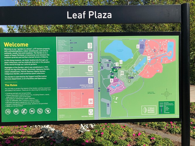 An information board at Leaf Plaza includes a panel that introduces the garden and its rules and a map of the various exhibits in the garden. The map key distinguishes between “natural paths” as thin dotted lines and “cart paths (no pedestrians)” as thick dotted lines. The map labels each natural and cart path individually to prevent visitors from mixing up the two. (© University of Alberta, fair use for critical commentary.)