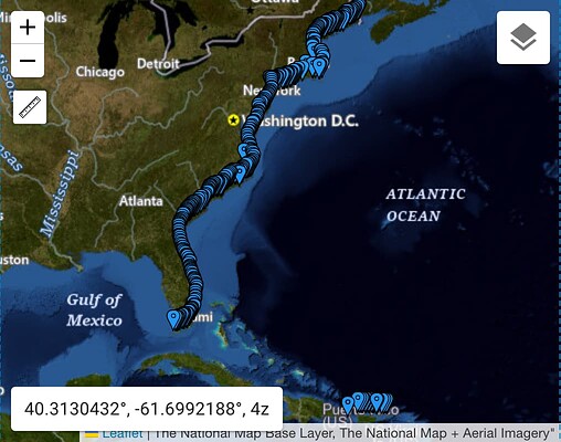 A map of the eastern United States and Atlantic Ocean, annotated with a series of 82 blue pins stretching from Maine to Florida and along the northern coast of Puerto Rico. (Public domain as a work of the U.S. federal government.)