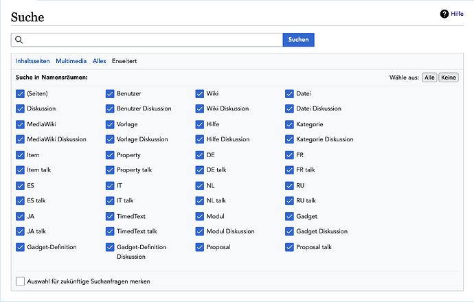 OpenStreetMap Wiki Special:Search (Suchseite): alle Namespaces ausgewählt