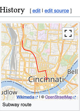 A map captioned “Subway route” in the “History” section of an article shows a route beginning at a loop in Downtown Cincinnati and extending north almost continuously for several miles.