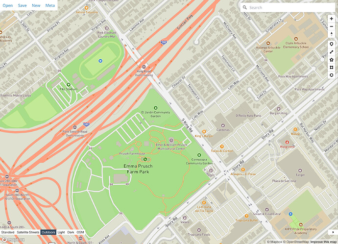 In Mapbox Outdoors, the paths through Emma Prusch Farm Park are depicted as gold lines with dark casing, discernible against the park’s bright green fill, while muted gray sidewalks blend in with the residential streets they follow. (© Mapbox, fair use for critical commentary.)