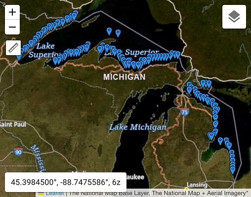 A map of Michigan annotated with a series of 73 blue pins along the Minnesota and Michigan shoreline of Lake Superior and along the Michigan shoreline of Lake Huron. (Public domain as a work of the U.S. federal government.)