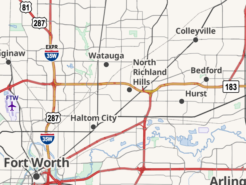 The gold-colored Interstate 35W Express completely obscures the red-colored Interstate 35W; State Highway 183 is completely obscured by an unlabeled State Highway 183 Express
