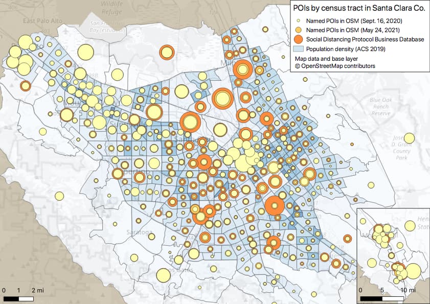 OSM’s point of interest coverage in Santa Clara County by tract