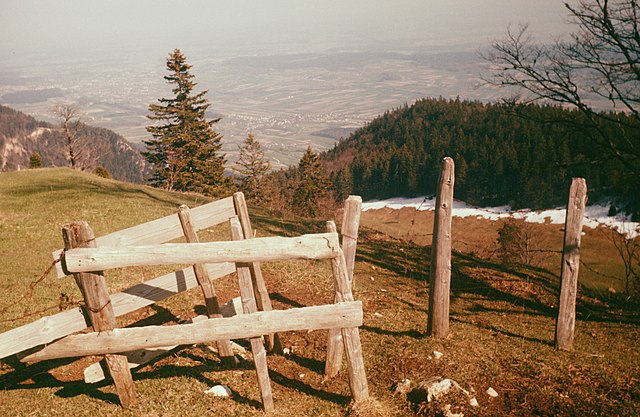 stile in Switzerland consisting of a chevron of wooden fencing with a barbed wire fence terminating at a pole between the legs of the chevron and a separate run of barbed wire fencing starting at its point and continuing in the direction of the chevron