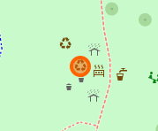 Screenshot of osm-carto, showing a recycling icon highlighted in orange amongst other map features