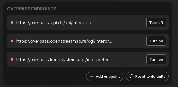 A section titled "Overpass endpoints" in the Streets GL config pane, listing 3 URLs