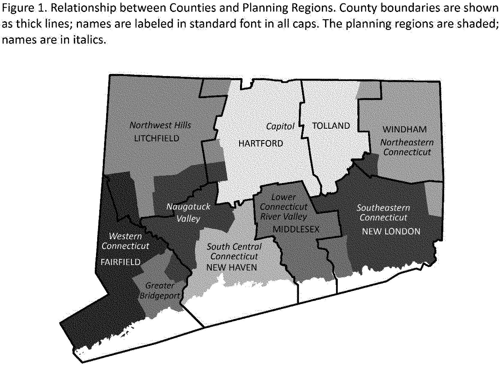 Figure 1. Relationship between Counties and Planning Regions. County boundaries are shown as thick lines; names are labeled in standard font in all caps. The planning regions are shaded; names are in italics.