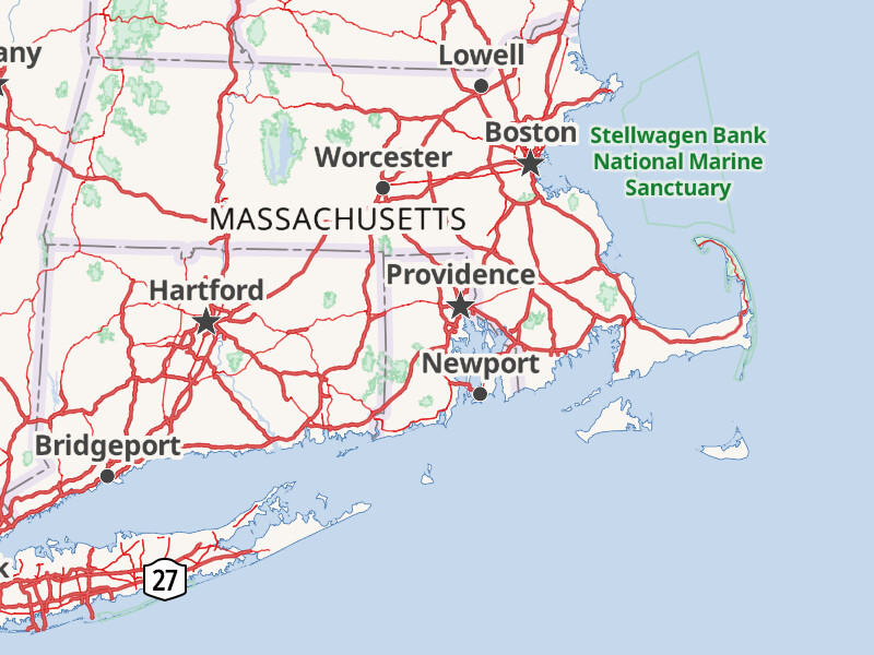 Normal-sized labels for Providence and Newport in Rhode Island.
