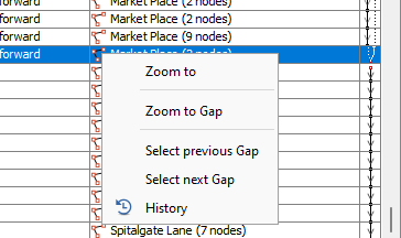 Screenshot of JOSM relation list with right click menu showing "zoom to gap"