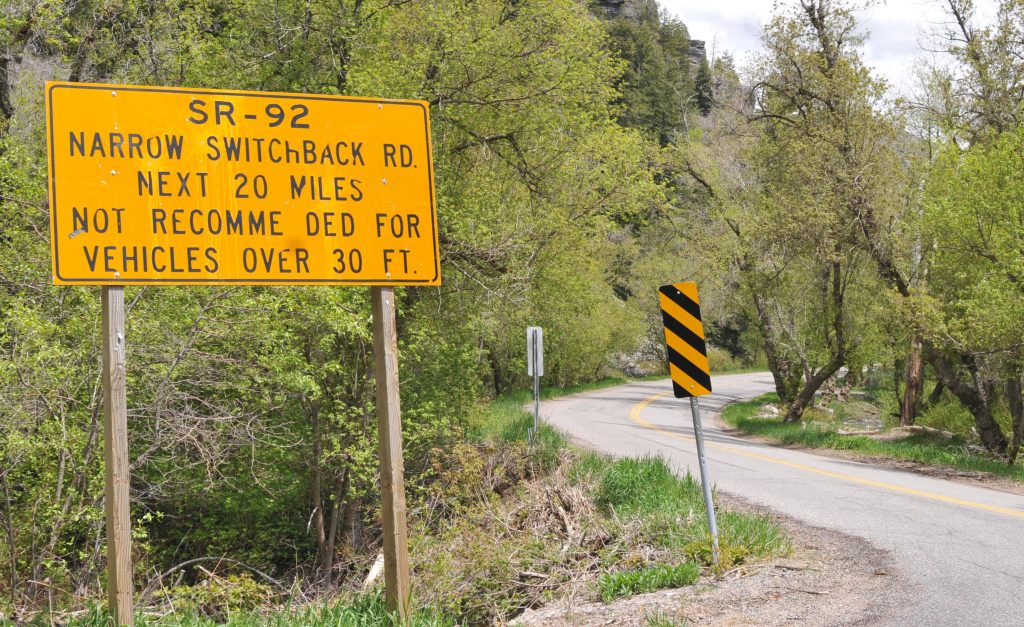 SR-92: Narrow Switchback Road Next 20 Miles, Not Recommended For Vehicles Over 20 Feet