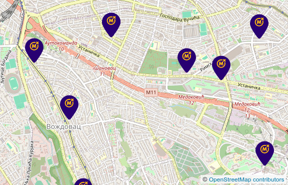 Mockup of the Mozzart “betting premises” map with OpenStreetMap attribution added in the bottom right corner